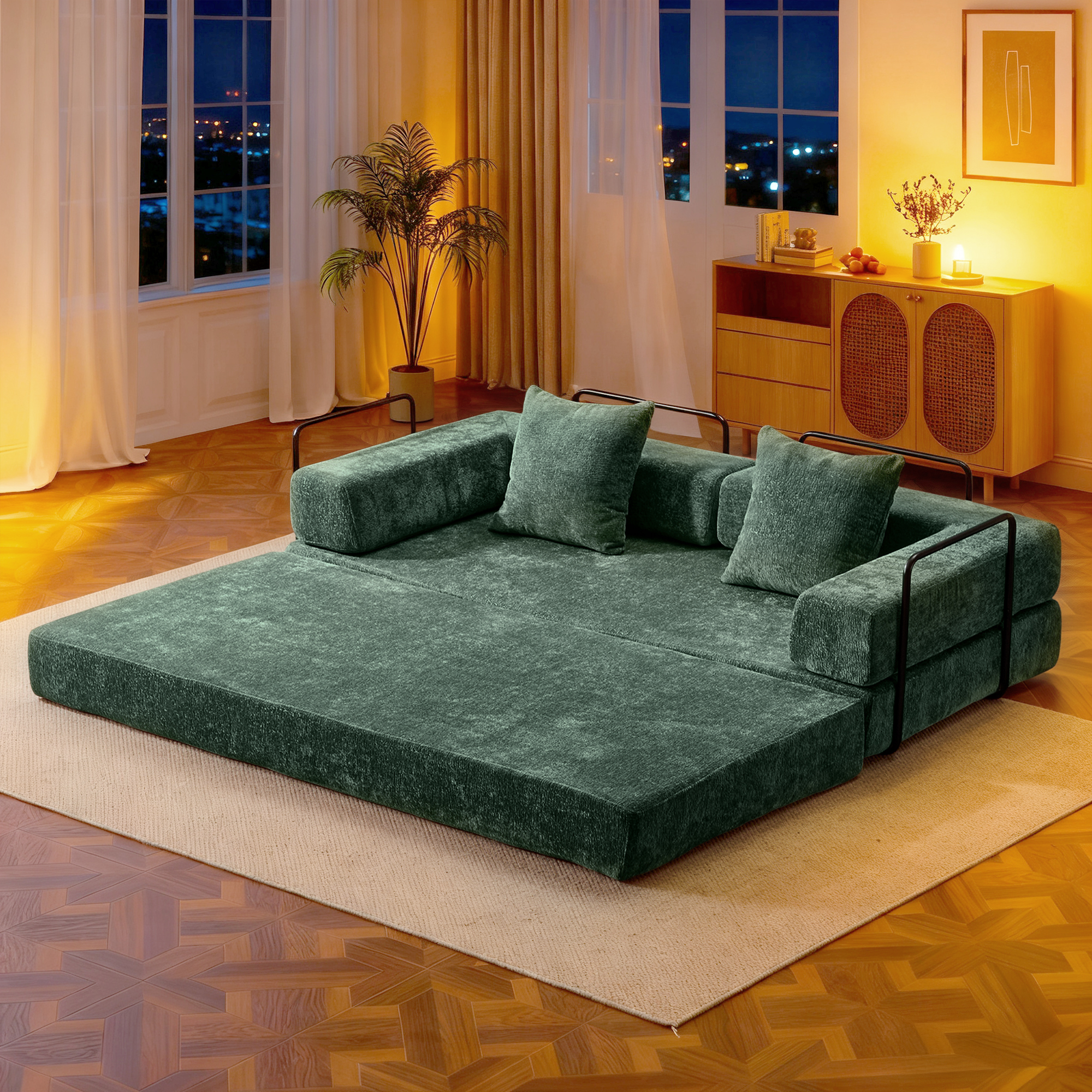 Timbernest 76.8" Folding Sofa Bed, King Size Convertible Sleeper Sofa with 2 Pillows, Chenille Floor Sofa for Living Room, Small Spaces, Dark Green