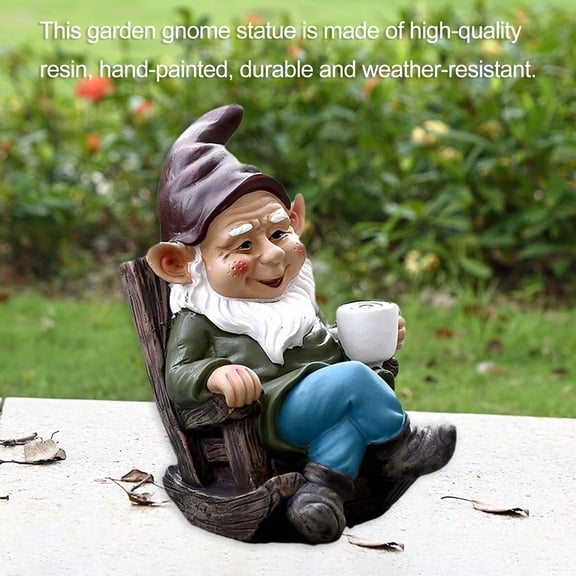 sunsanly Rocking Chair Gnome Figurine Resin Holding Coffee Dwarf Elf Statue Sculpture Indoor Outdoor Garden Patio Yard Lawn Decoration Ornament