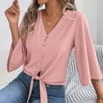 thumbnail image 7 of VEKDONE Women's V Neck Tie Front Blouse 3/4 Flare Sleeve Button Down Shirt Casual Loose Fit Lightweight Tunic Tops for Daily Wear Pink XL, 7 of 7