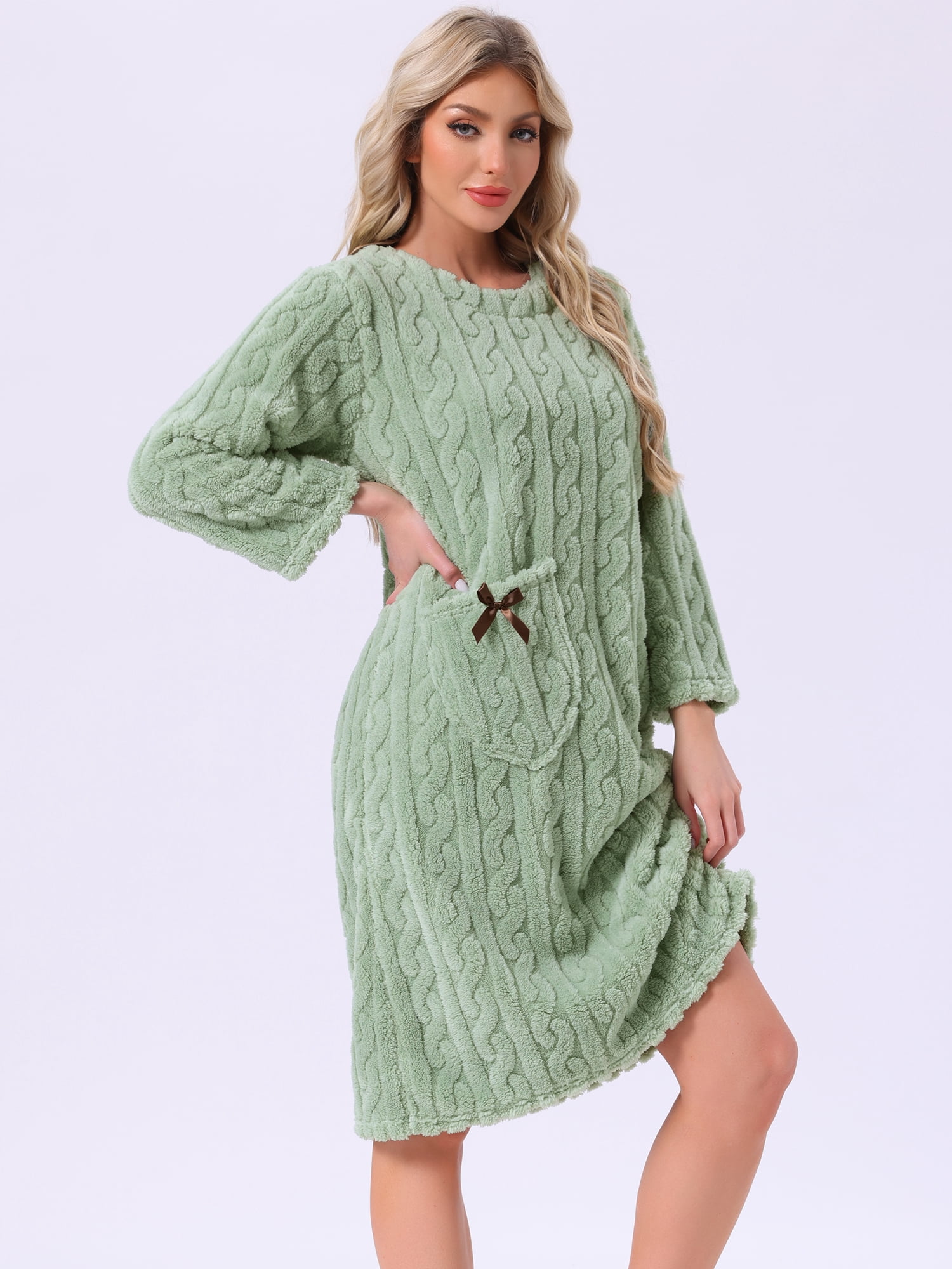 DARING DIVA Women's Flannel Fuzzy Fleece O Neck Sleepdress with Pocket S Light Green