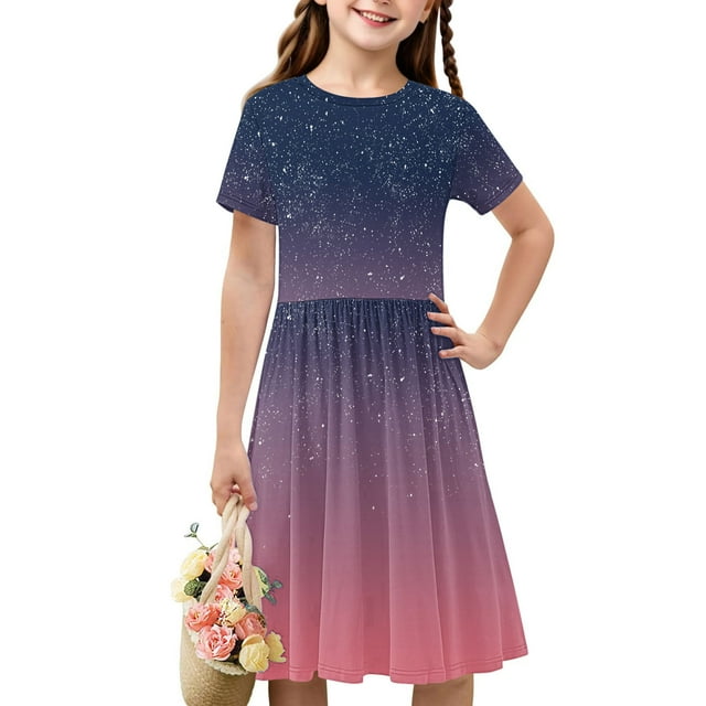 Soldes de Liquidation Aujourd'hui Offres Iumwxz Robe Décontractée Trapèze Robe Tunique pour Adolescentes Robe Col Rond Imprimé Dégradé Manches Courtes Robes pour Adolescentes Robe Élégante pour Fête des Fêtes 4-14a