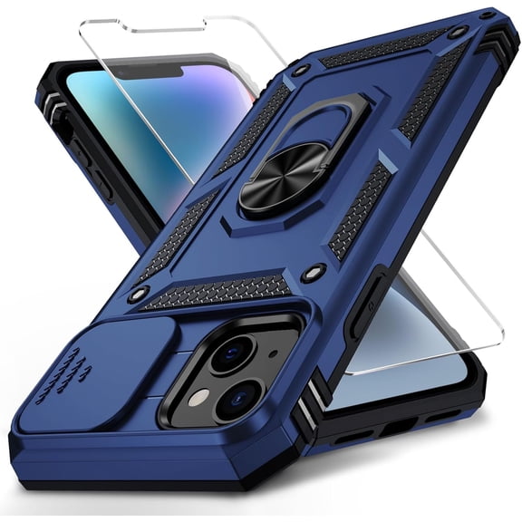for iPhone 13 Case with Slide Camera Cover HD Screen Protector Heavy Duty Shockproof Protection Magnetic Ring Holder Kickstand Phone Case for iPhone 13,Blue