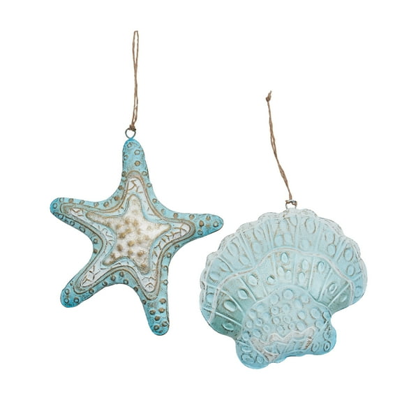 Ibiza Sealife Holiday Christmas Xmas Ornament Metal Capiz A/2