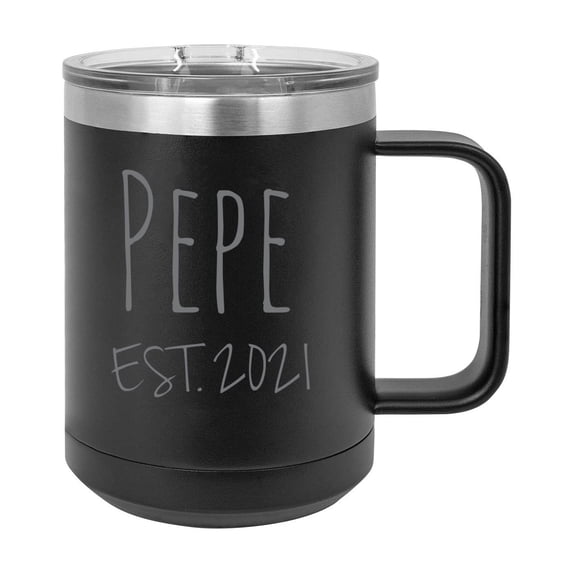 Pepe Est. 2021 Established Stainless Steel Vacuum Insulated 15 Oz Engraved Double-Walled Travel Coffee Mug with Slider Lid