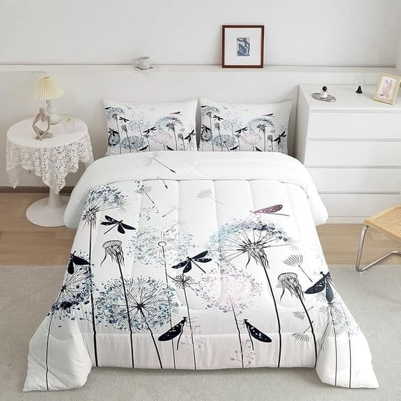 YST Dragonfly Comforter Set Toddler Size,Colorful Dandelion Bedding for Kids Girls Woman Adult Room Decor,Nature Flying Animals Plants Quilt Modern Boho Duvet Insert,White