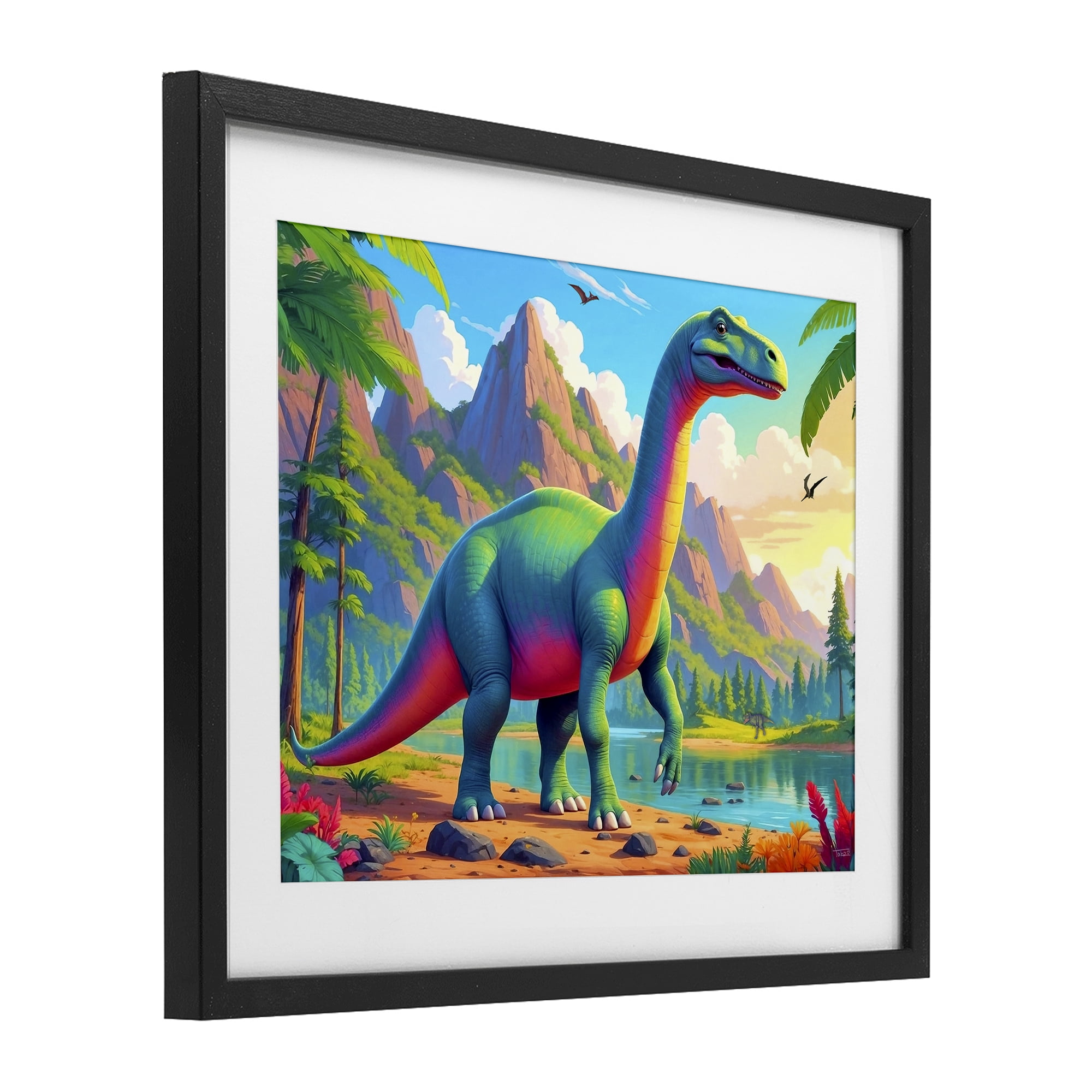 Stupell Industries Vibrant Brontosaurus by River Black Framed Print Under Glass, design by Tabz Jones
