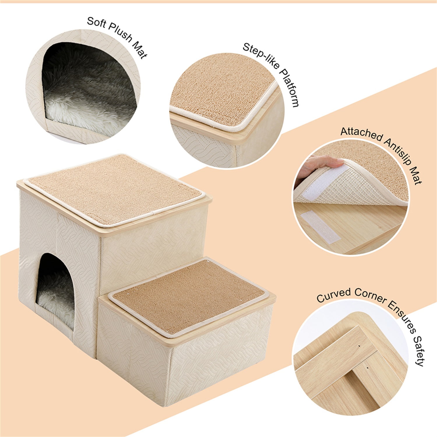 Pefilos Pets Dog Stairs for High Beds Pet Steps for Cats Get on Bed Couch Stairs 2 Step Stool for Small Dogs Kitten Ladder for Bed Window Perch for Pet Stair Ramp with Toy Storage Condo, Beige Pefilos Pets Dog Stairs for High Beds Pet Steps for Cats Get on Bed Couch Stairs 2 Step Stool for Small Dogs Kitten Ladder for Bed Window Perch for Pet Stair Ramp with Toy Storage Condo, Beige