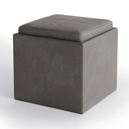 Simpli Home - Rockwood 17 inch Wide Contemporary Square Cube Storage Ottoman with Tray - Distressed Slate Gray