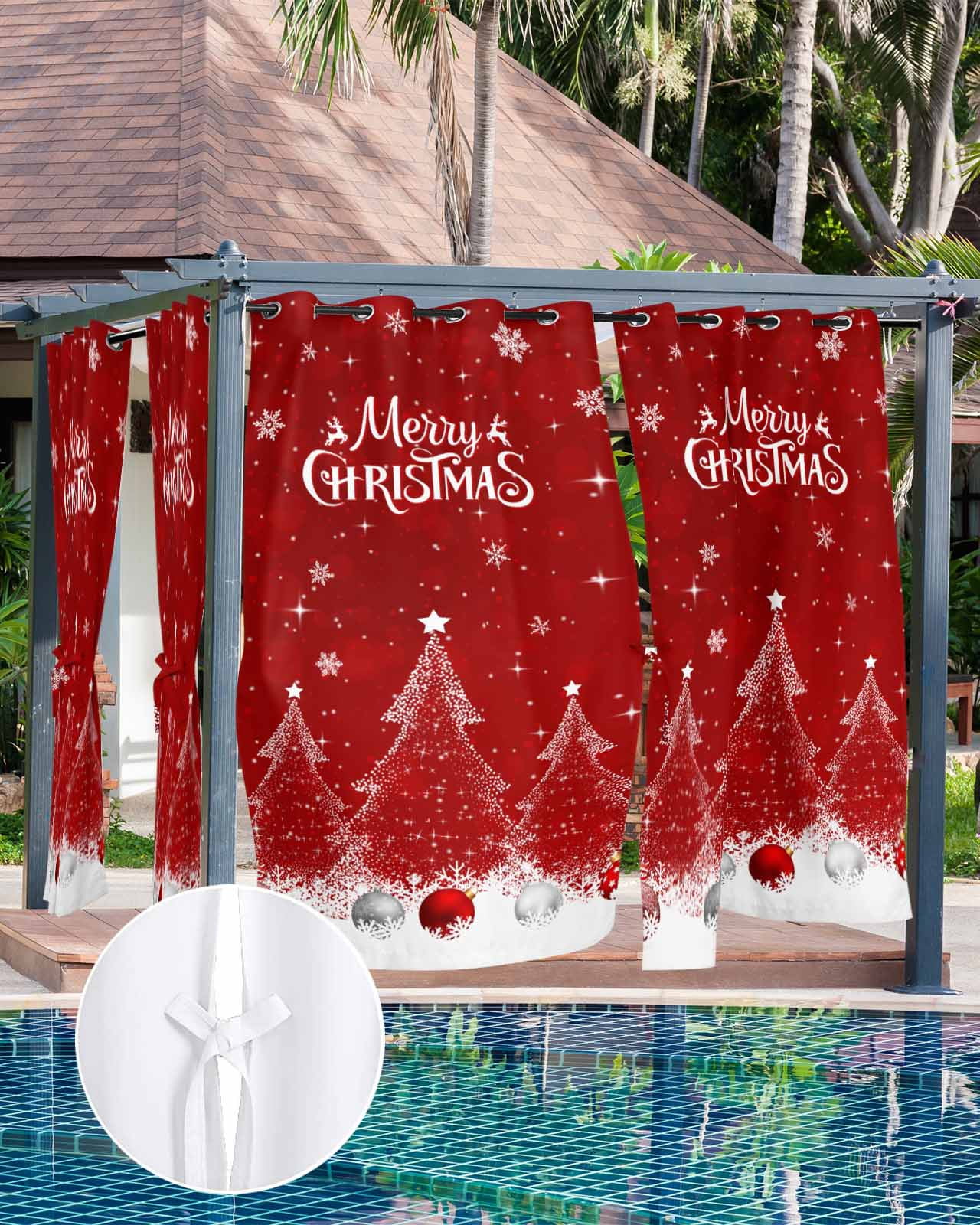 Outdoor Curtains for Patio, Red Christmas Tree Waterproof Blackout Outside Curtain for Porch/Pergola/Gazebo, Balls Xmas Snowflake Thermal Insulated Drapes for Cabana, 2 Panels, 54 x 95 Inch
