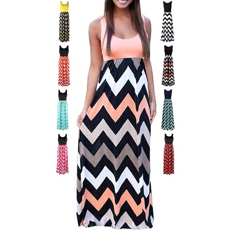 Women's Summer Chevron Striped Print Dress Tank Long Maxi Dresses Women
