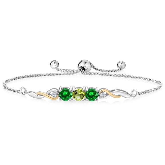 Gem Stone King 925 Sterling Silver and 10K Yellow Gold Green Peridot Green Created Emerald and White Lab Grown Diamond Tennis Bracelet for Women (2.25 Cttw, Fully Adjustable up to 9 inch)