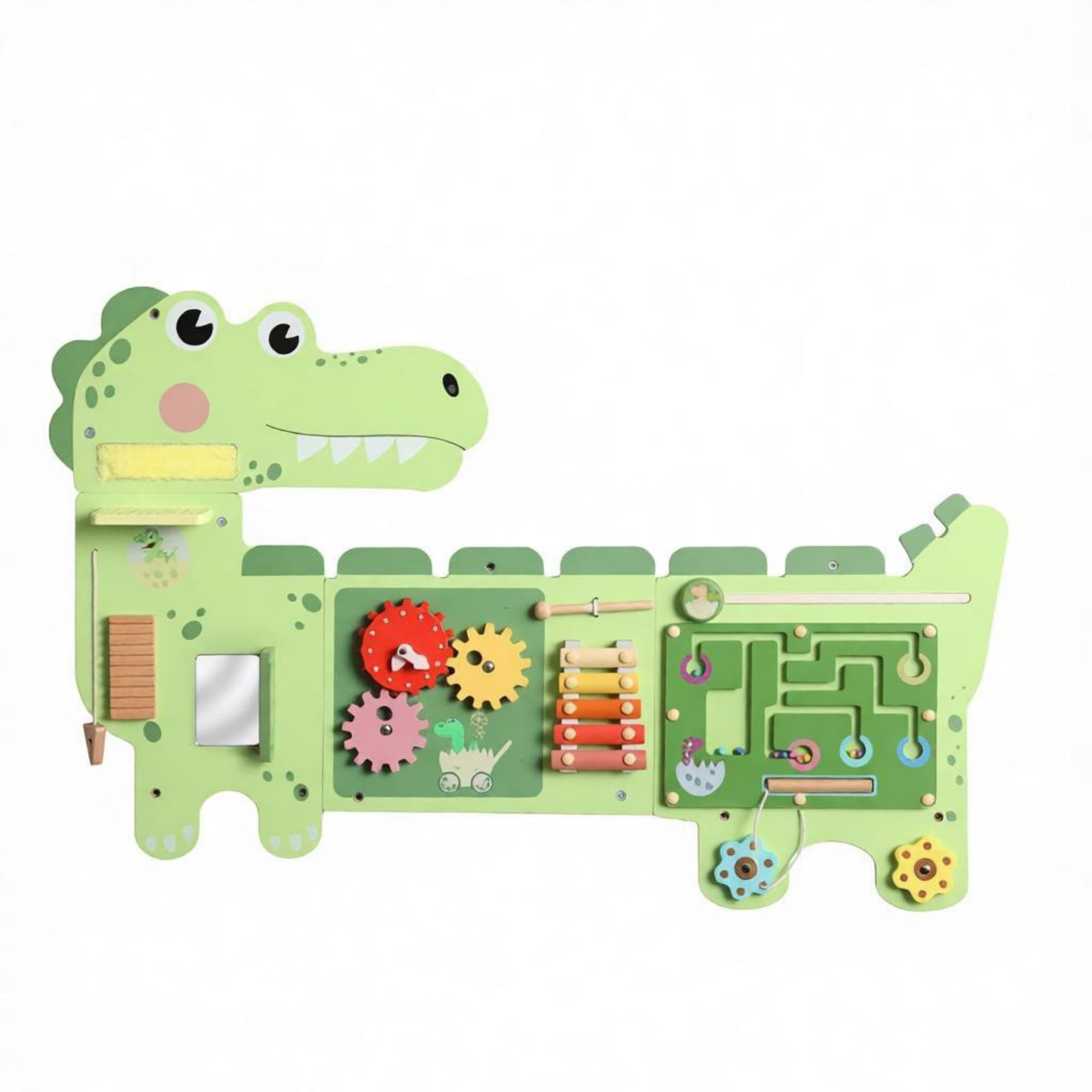 Green Dinosaur Wall-Mounted Sensory Toys, Montessori MDF Sensory Wall 87x52x5.5cm