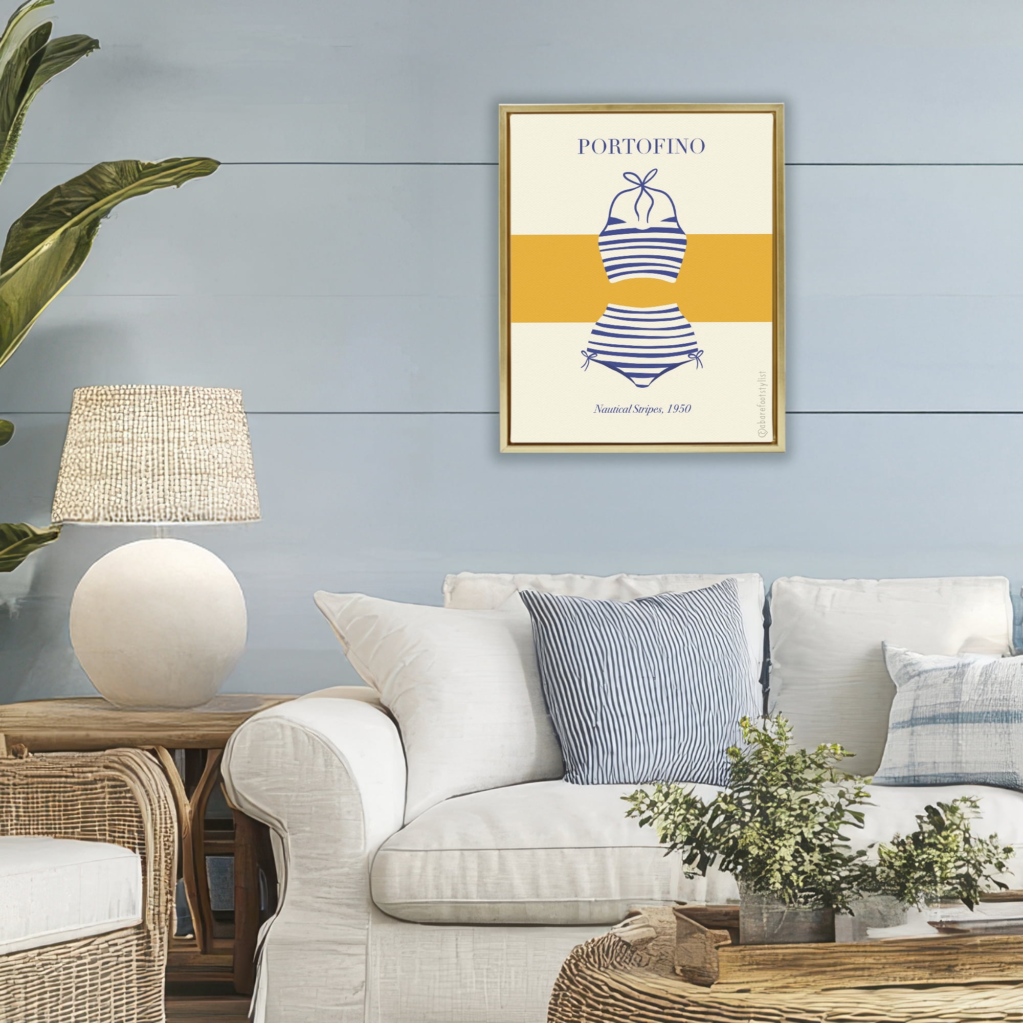 Stupell Industries Portofino Striped Bikini Gold Framed Floater Canvas Wall Art, design by A Barefoot Stylist