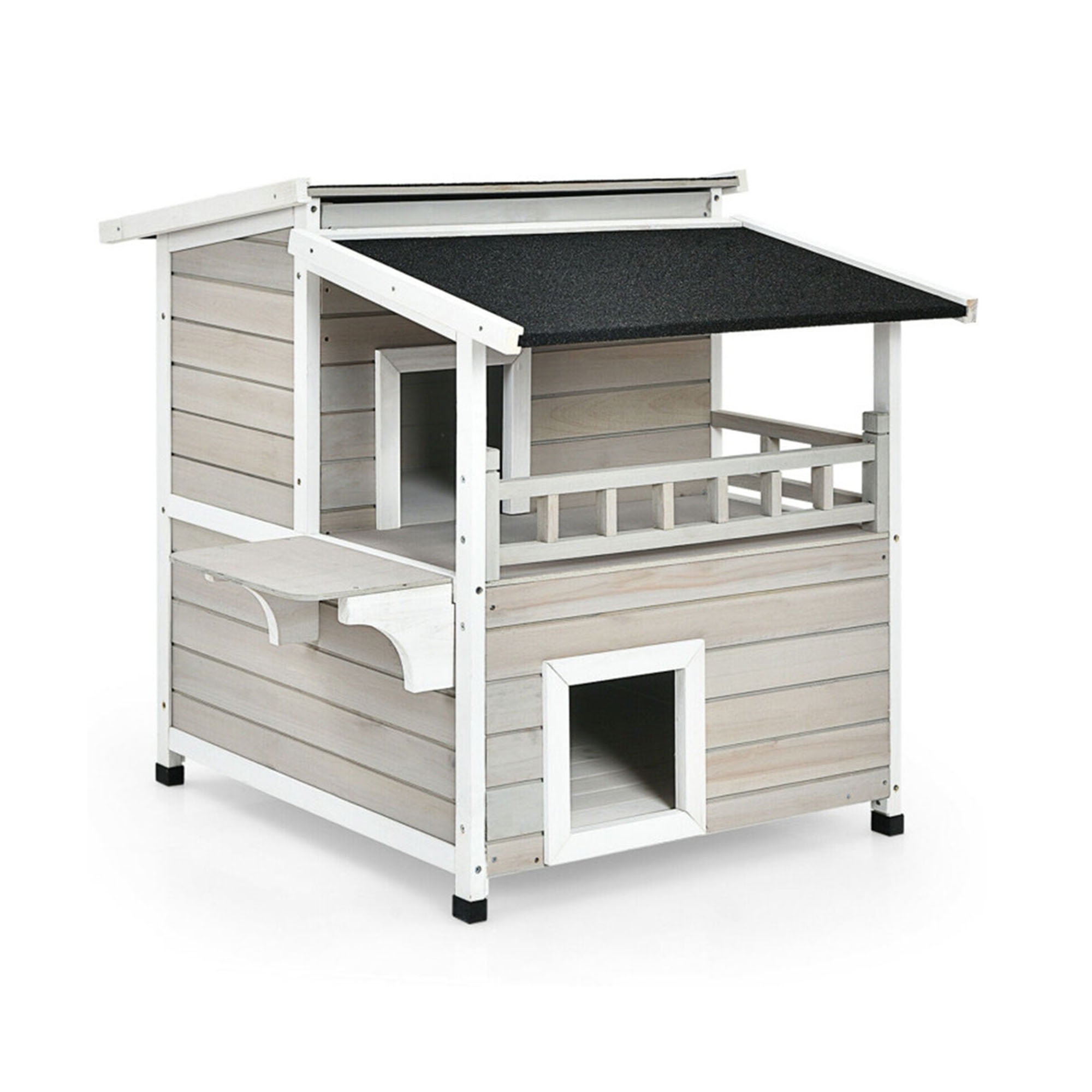resenkos 36" Wooden Cat House with Large Balcony, Cat Condo Shelter Catio for Small Medium Cats, 2-Story Patio Cat Shelter, Gray