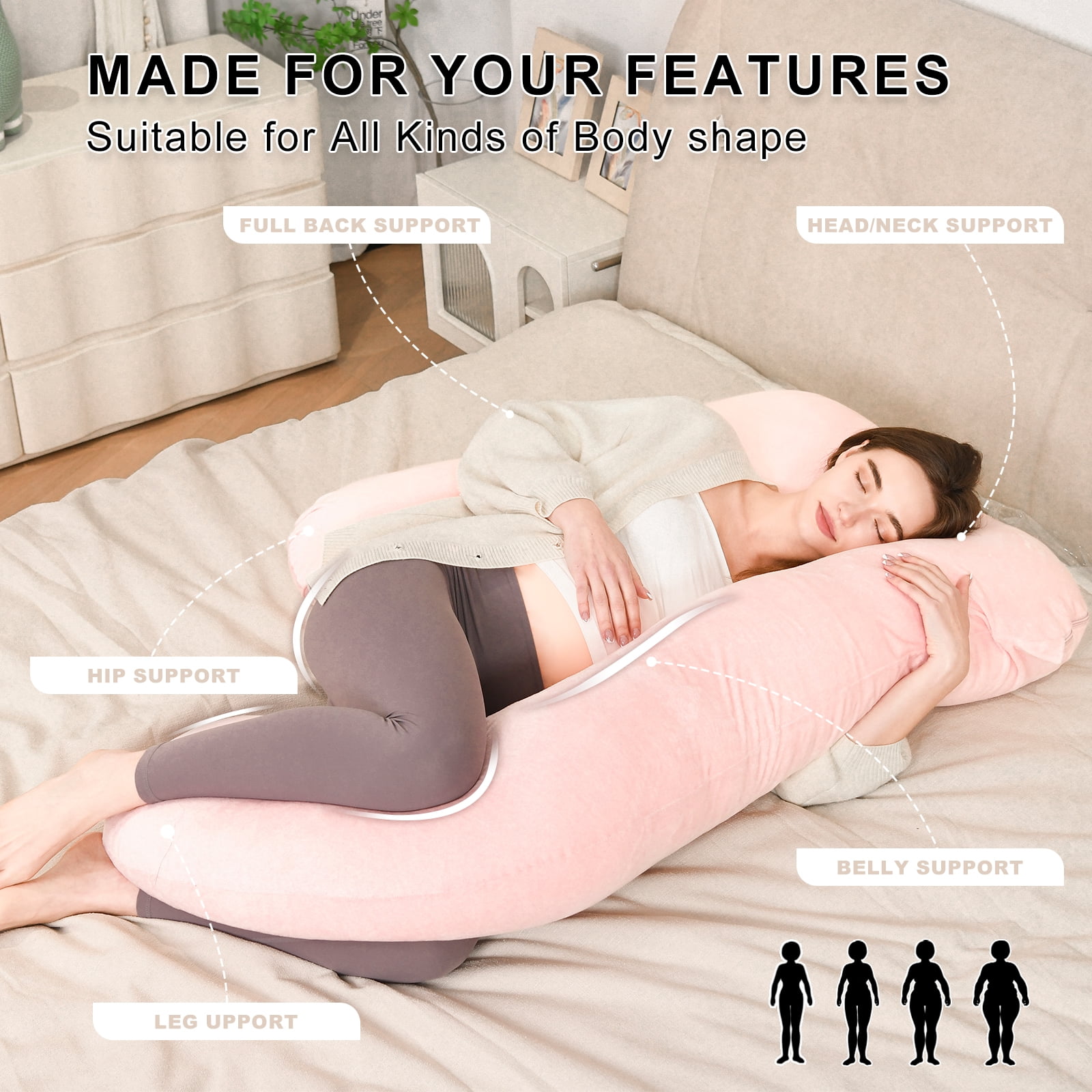 Maternity Pillow for Pregnant Women,57 Inch U-Shape Pregnancy Pillows for Side Sleeping,Relieves Back Pain, Leg & Belly Support, Comfort for Sleeping - Removable Velvet Cover (Blue)