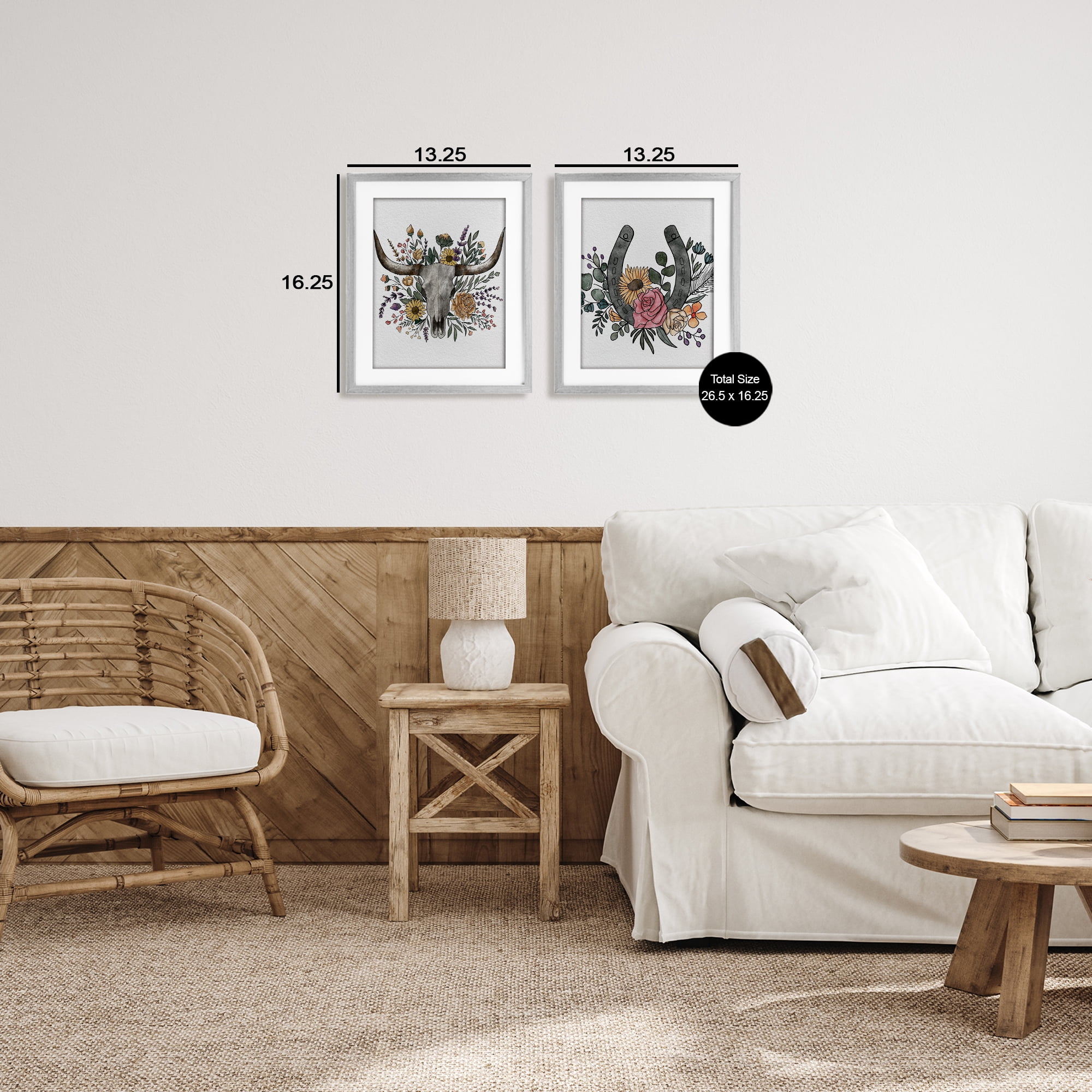Stupell Industries Boho Longhorn & Horseshoe 2 Piece Gray Framed Print Under Glass Set, design by Alisha Kiara Design