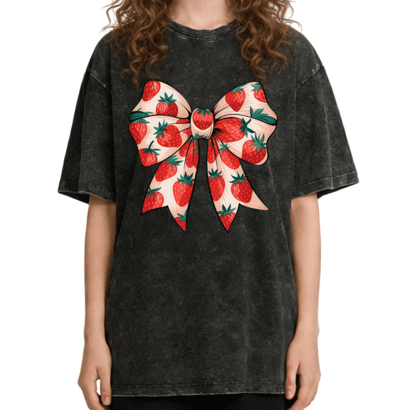 Women's Summer Coquette Bow with Juicy Red Strawberries and Green Leaves Breathable Washed T Shirt Black S-2XL Plus Size