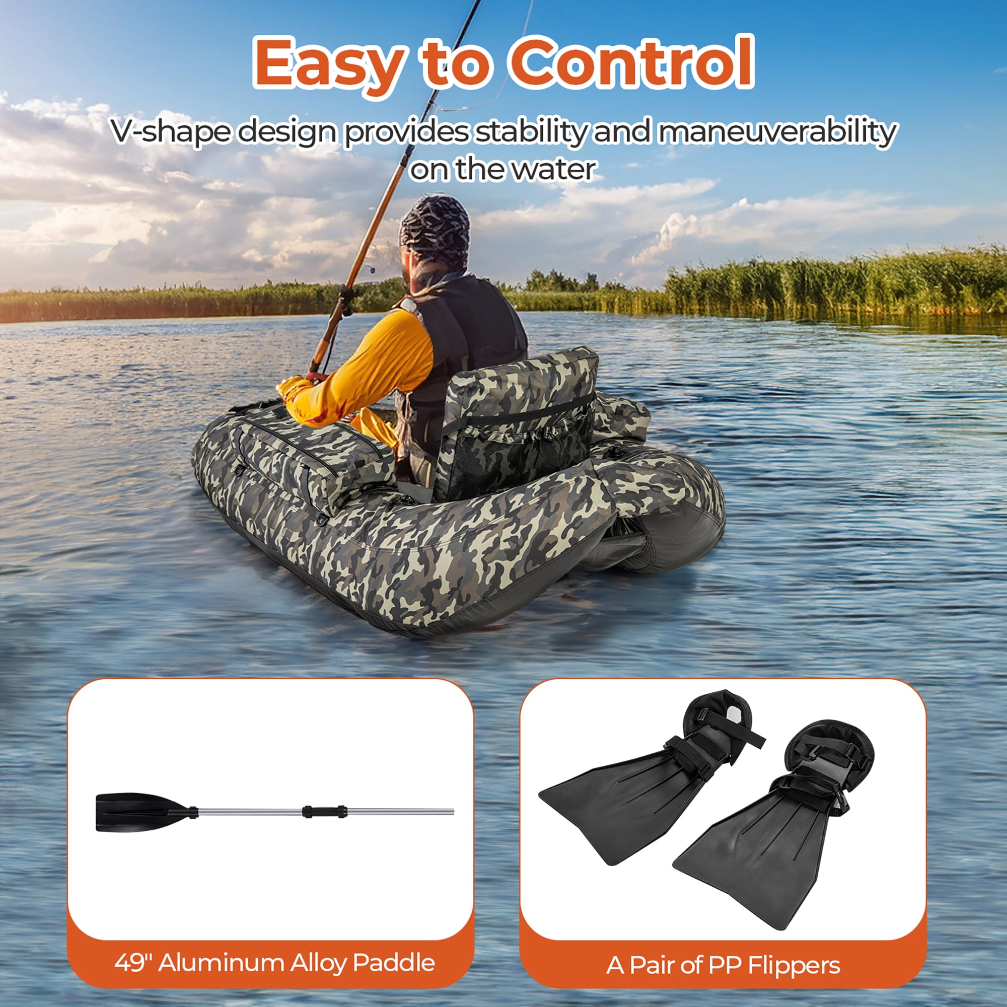 Gymax Inflatable Float Tube w/ Fish Ruler Rod Holder Storage Pockets Flippers Paddle
