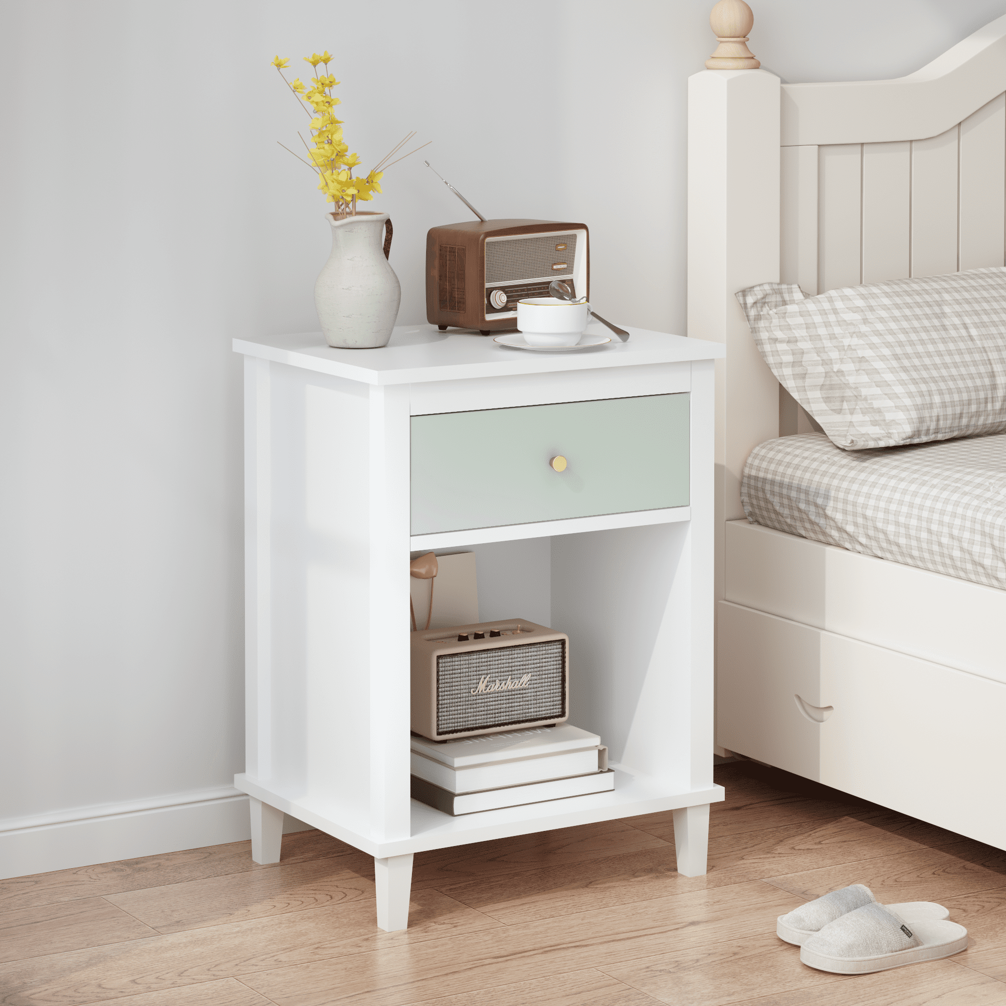 Wooden Nightstand with One Drawer & One Shelf for Kids,Adults,26.77''H,Green