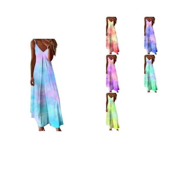 Antinious Women Camis Sleeveless Gradient Print Beach Fold Spaghetti Straps V-Neck Versatile Stylish Dress