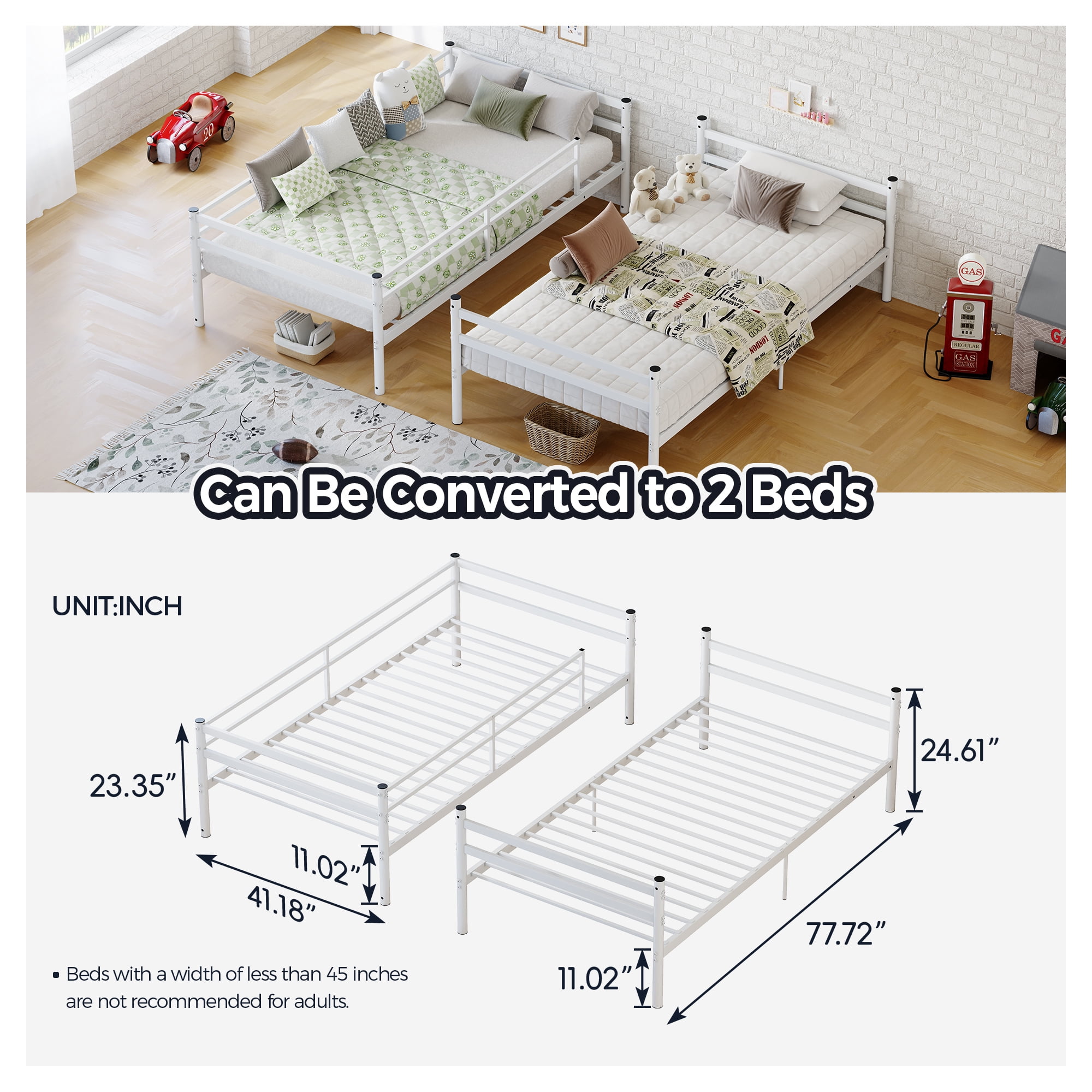 MAYEERTY Twin Over Twin Metal Bunk Bed with Ladder and High Guardrail, Heavy Duty Bed Frame, No Box Spring Needed, Space-Saving for Kids Bedroom Dorm