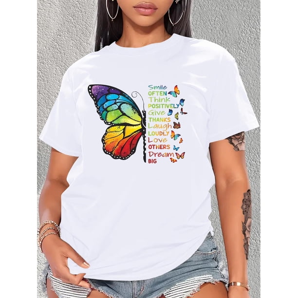 Camiseta elegante con estampado de mariposas y letras para mujer. Cuello redondo informal, manga corta, algodón transpirable, lavable a máquina. Ideal para primavera/verano. Ideal para deportes de oci