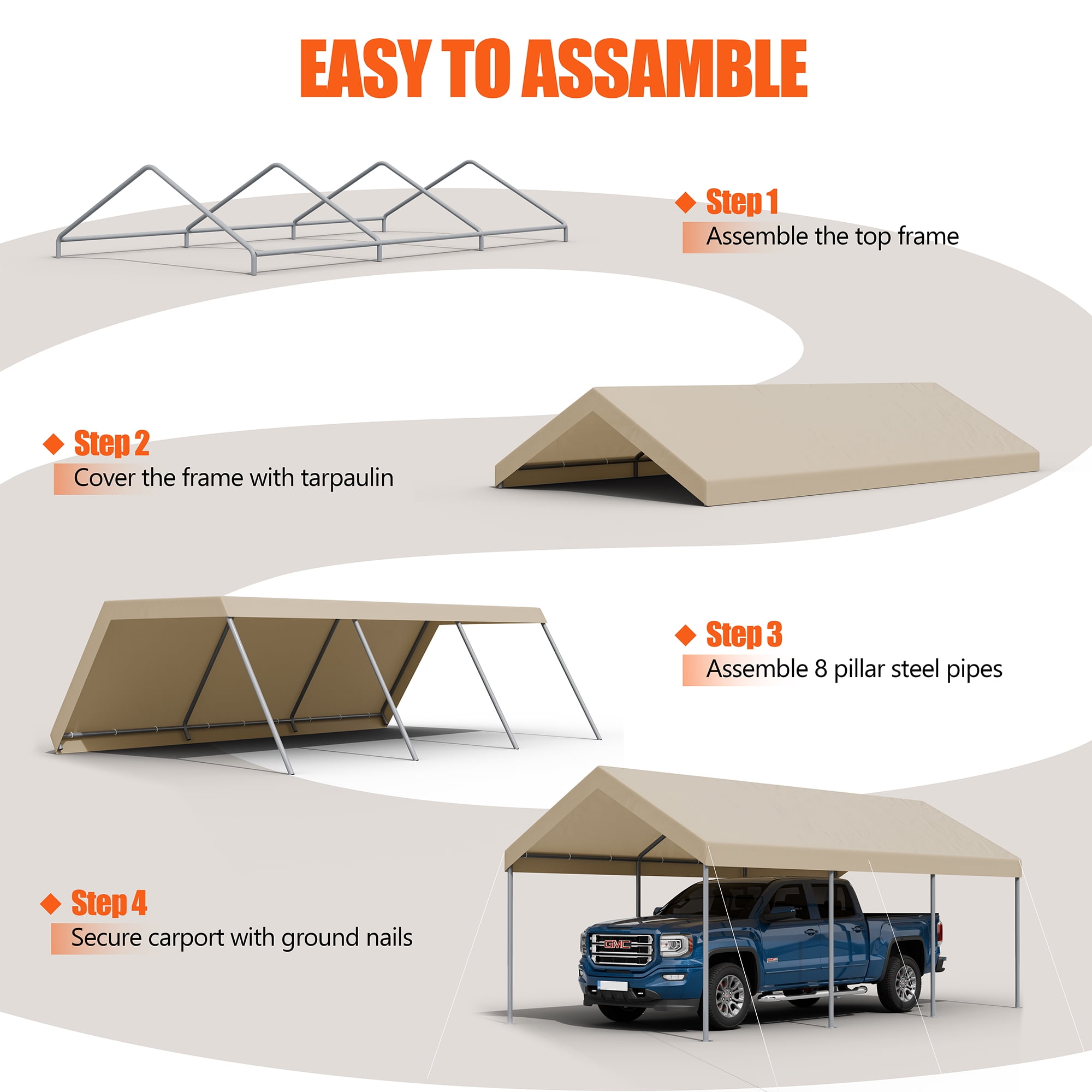 Walsunny Carport 10 x 20 ft Heavy Duty Carport Car Canopy with Powder-Coated Steel Frame, Portable Garage for Car, Boat, Shelter Party Tent with 180g PE Tarp