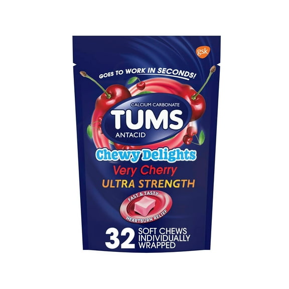 Tums Chewy Delights Ultra Strength Heartburn Relief Antacid Soft Chews, Very Cherry, 32 Count