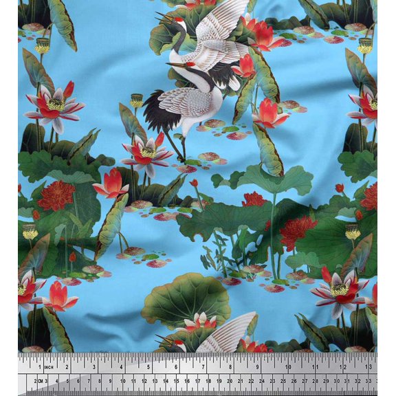 Soimoi Cotton Duck Fabric Sandhill Crane,Leaves & Lotus Floral Printed Craft Fabric by The Yard 42 Inch Wide