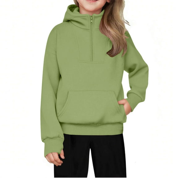 VINUSLI Oversized Hoodie for Kids Solid Thumb Hole Half Zip Pullover Hooded Sweatshirts Back to School Long Sleeve Tops with Pocket Green,13 Years