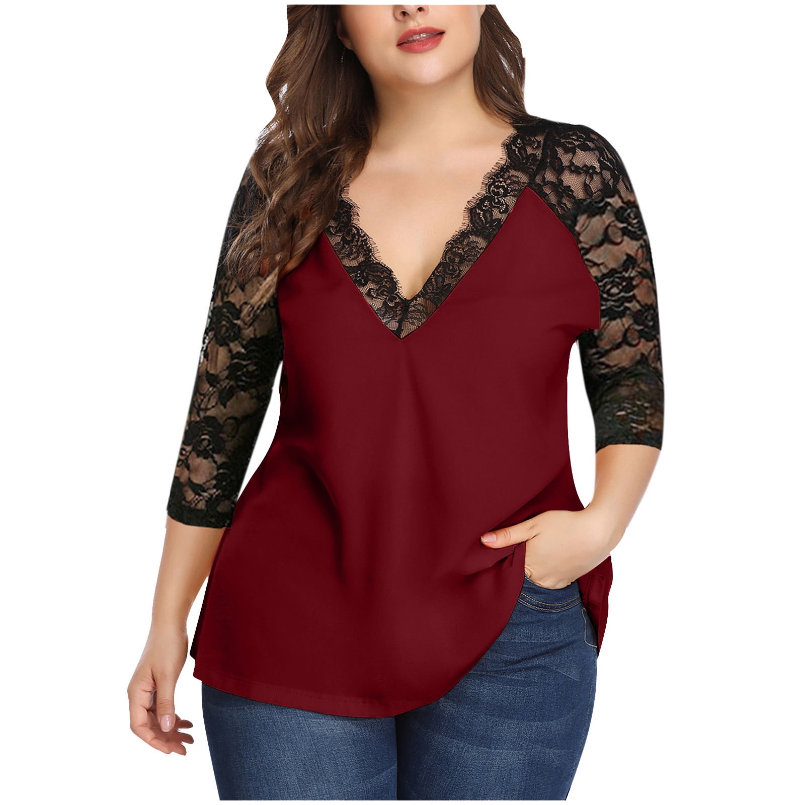 OKBOP Work Tops for Women,Plus Size Casual Long Sleeve Solid Lace V-Neck  Splicing T-Shirt Net Yarn Women Blouses And Tops Fashion Christmas Shirts  for Women 