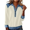thumbnail image 3 of YanHoo Women Long Sleeve Denim Patchwork Shirts Lapel Collar Casual Button Up Western Pullover Tops Loose Fitted Color Block Sweatshirt Khaki,L, 3 of 7