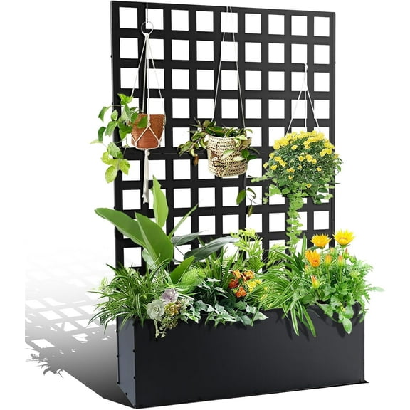 Luku Metal Planter Box, Raised Garden Bed with Trellis, Outdoor Garden Box with Privacy Screen & Drainage Holes for Climbing Plants Flower Vegetable