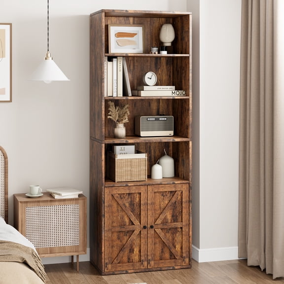 Farmhouse Bookcase with Doors 71.4 Inch Tall Industrial Bookshelf 11.8 Deep 6 Tier Wooden Storage Cabinet Adjustable Display Shelf for Bedroom Living Room Home Office