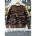 thumbnail image 4 of Women'S Casual Round Neck Long Sleeve Pullover Sweater Fall Winter Contrast Striped Shoulder Button Knit Coffee S, 4 of 6