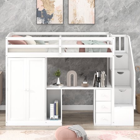Twin Size Loft Bed with Desk and Wardrobe  Wooden Loft Bed Frame with 3 Storage Drawers and Cabinet in 1  Space Saving Furniture for Family Kids Teens  Easy to Assemble  White