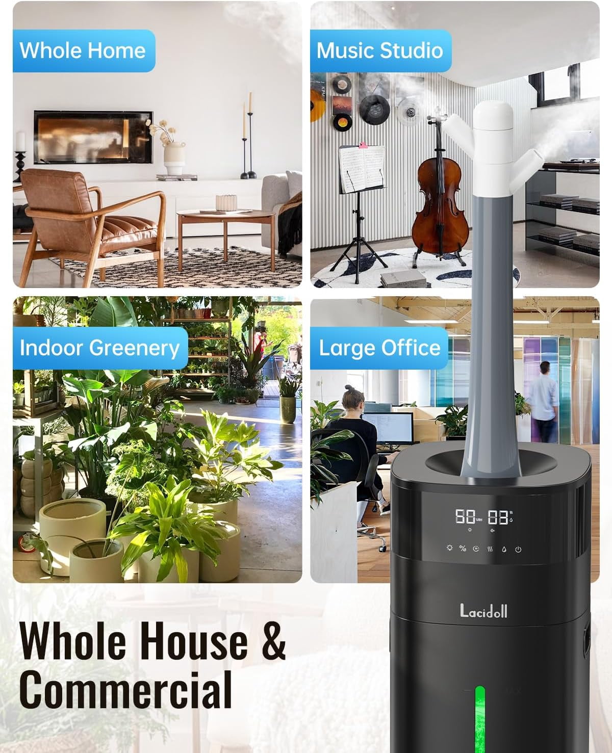 Large Room Humidifier, Cool & Warm Mist, 20L/5.3Gal Whole House Humidifier with Essential Oil Diffuser, Extended Tube, Covers up to 2000 Sq ft, Black