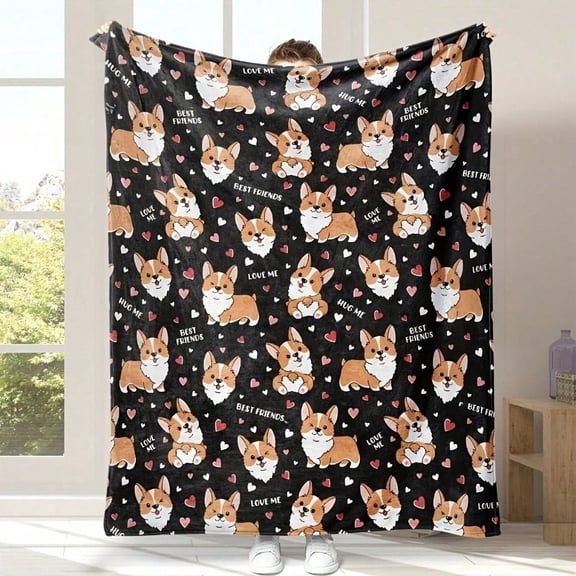 HELLOYOUNG Cozy Plush Fleece Blanket, Soft Cartoon Corgi Design with Love Best Friends Text, Lightweight All-Season Throw for Couch Bed Travel, Machine Washable Stain Resistant Home Decor