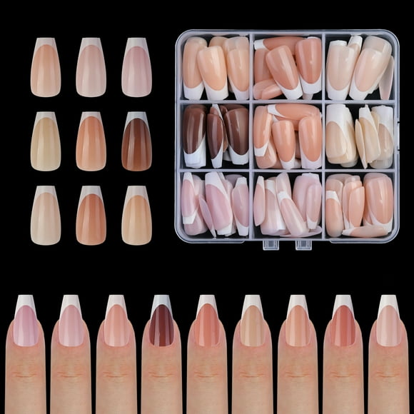 9 Colors French Gel Nail Tips Pre-applied Base Coat & Tip Primer Pre-made French Nails Soft Gel Tips 15 Sizes Fake Nails False Nail Tips for Nail Art DIY