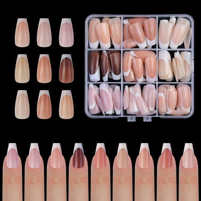 9 Colors French Gel Nail Tips Pre-applied Base Coat & Tip Primer Pre-made French Nails Soft Gel Tips 15 Sizes Fake Nails False Nail Tips for Nail Art DIY