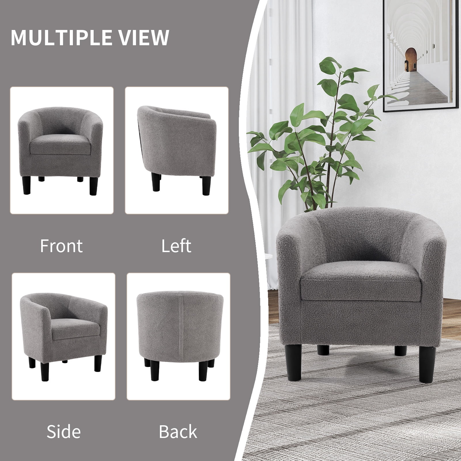 Bonzy Home Accent Barrel Chair, Teddy Fleece Upholstered Club Chair with Armrest Small Reading Chair, for Living Room, Bedroom & Reception Room, Gray