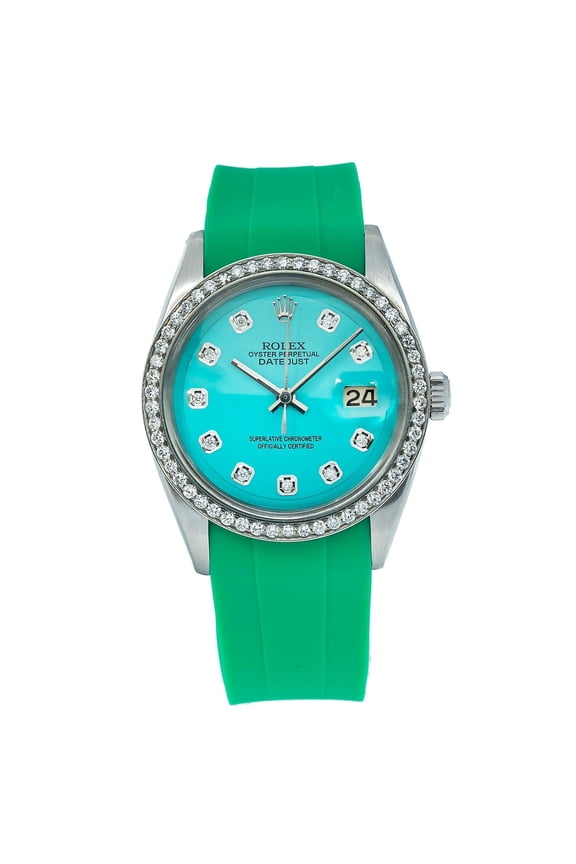 Pre-Owned Rolex Datejust 36MM 1601 Turquoise Diamond Dial Diamond Bezel Green Rubber Strap