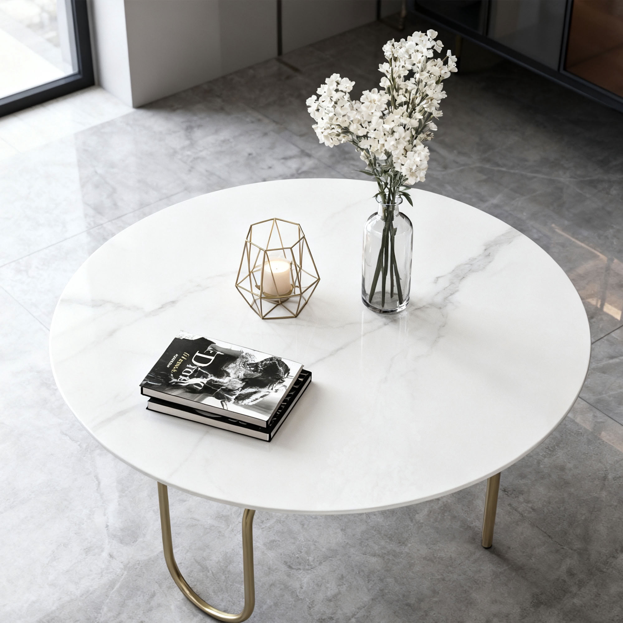MAYEERTY 36in Round Tempered Glass Table Top, 0.31in Thick White Marble Print DIY Replacement Table Cover, Heat Scratch Proof Desktop for Indoor Outdoor Coffee Patio Dining Table
