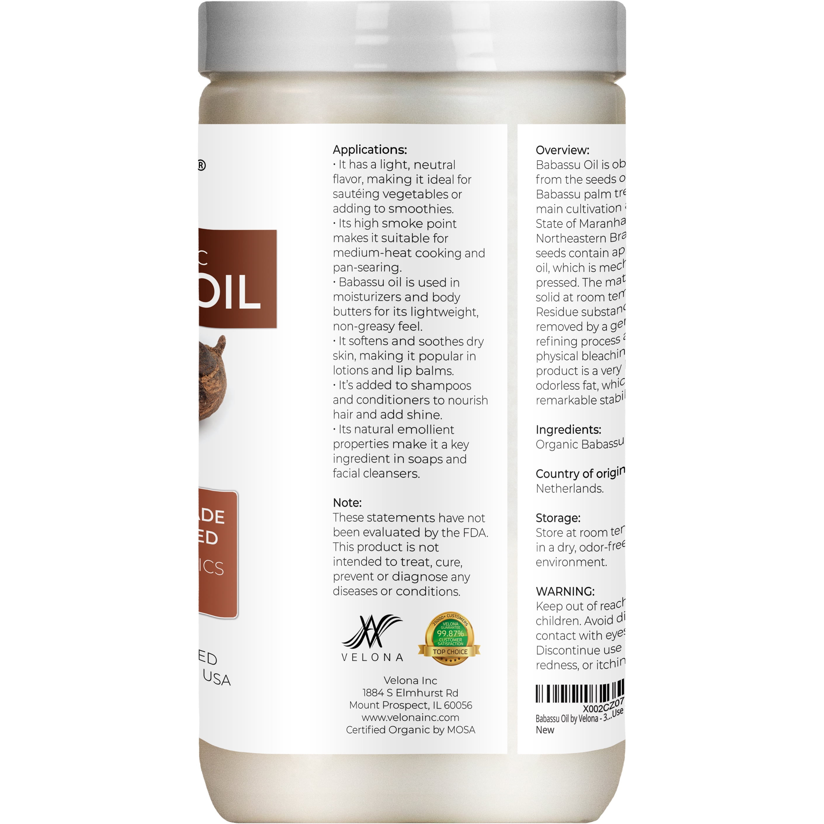velona Babassu Oil USDA Certified Organic - 32 Fl Oz | 100% Pure and Natural Carrier Oil | Refined, Cold Pressed | Face, Hair, Body & Skin Care and Cooking | Use Today - Enjoy Results