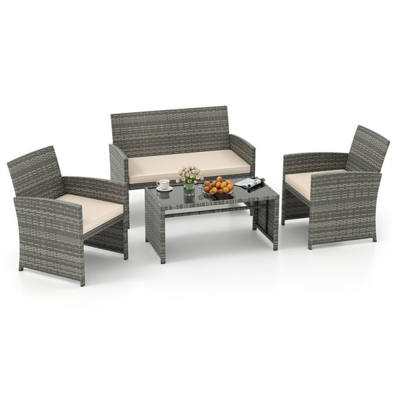 Gymax 4PCS Patio Outdoor Conversation Set w/Seat Cushions & Tempered Glass Tabletop Off White
