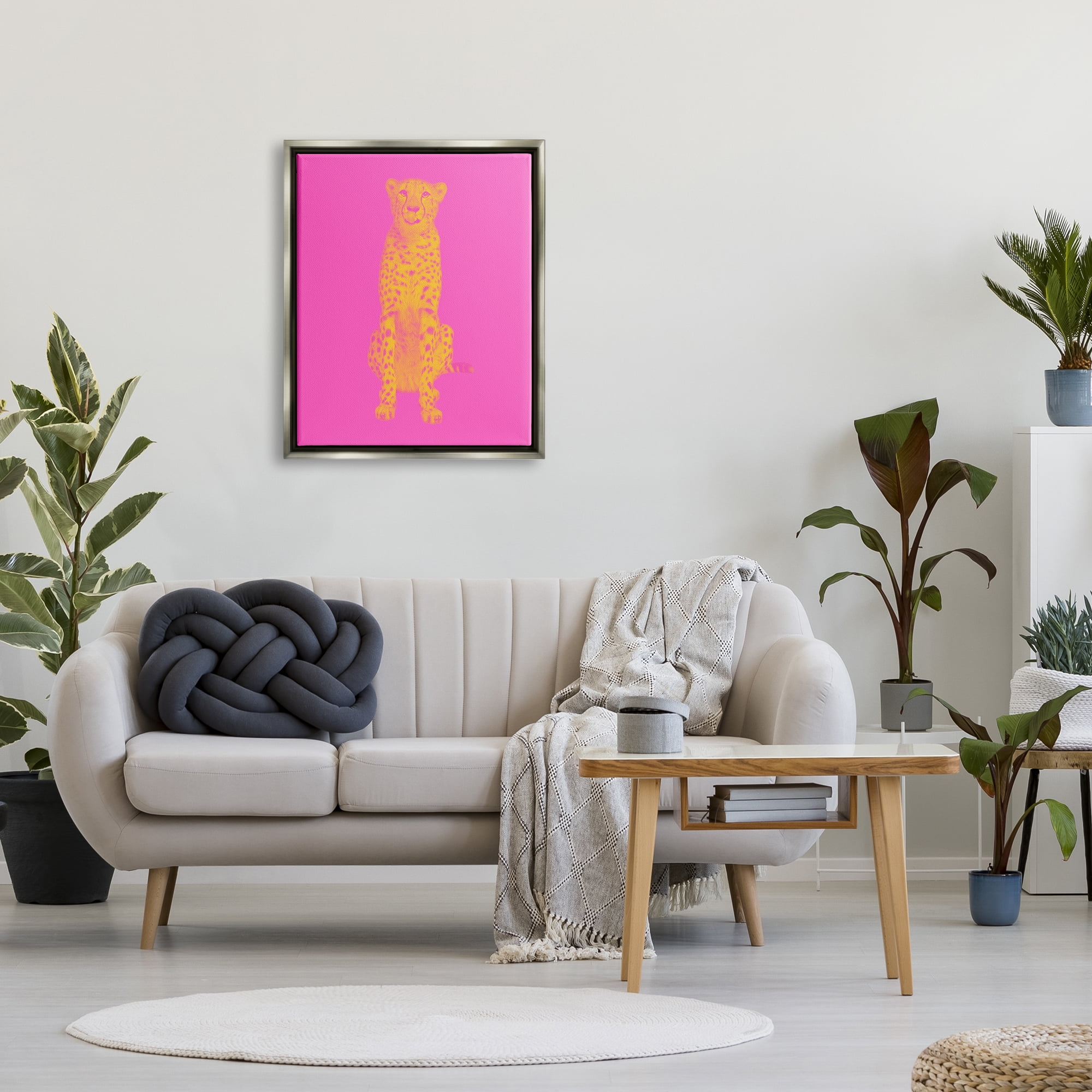 Stupell Industries Pop Pink & Yellow Leopard Animals & Insects Painting Gray Floater Framed Canvas Art Print Wall Art, 25 x 31