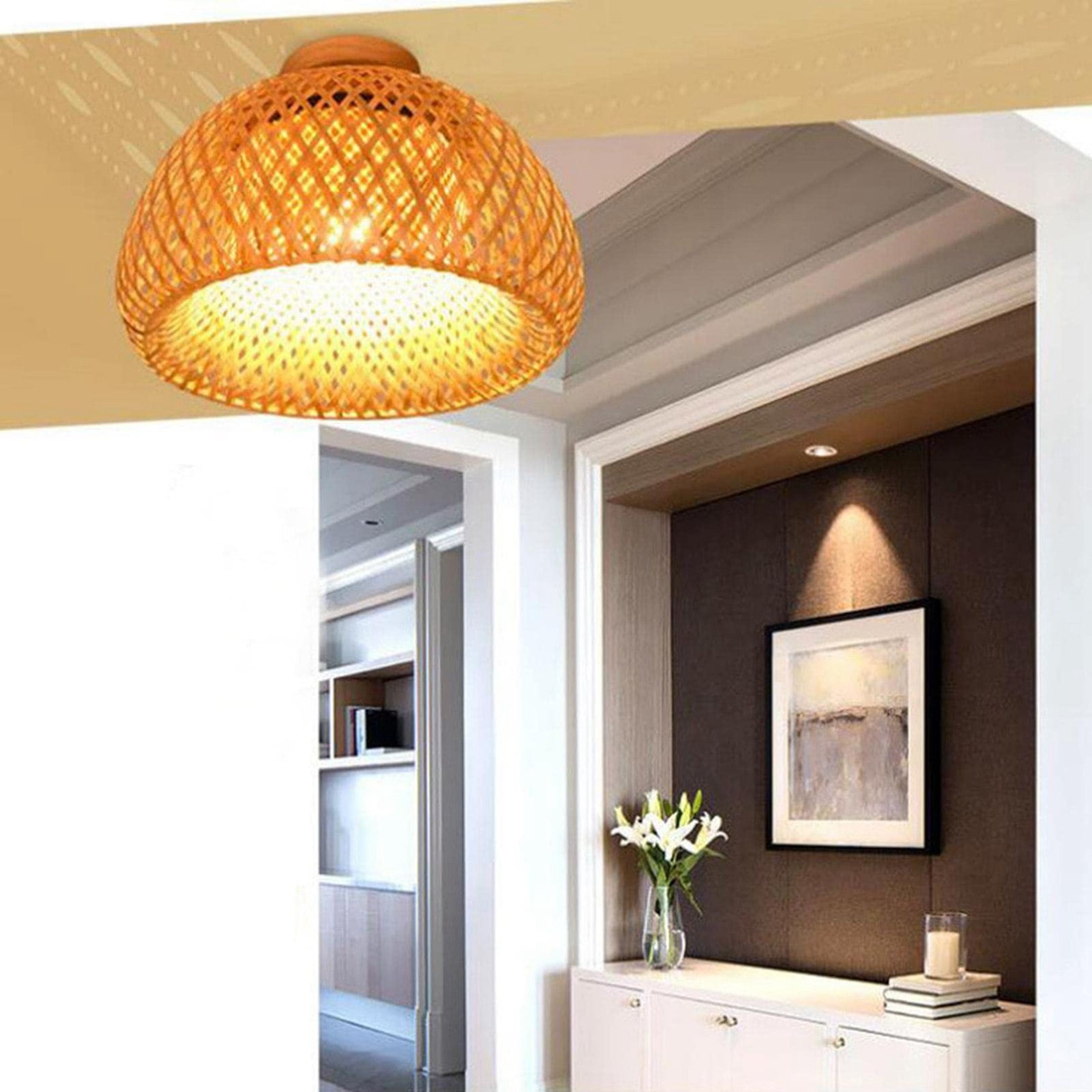 Bamboo Wicker Rattan Light Fixture Flush Mount Hanging Ceiling Lamp for Living Room Bedroom Dining Room,30X18cm