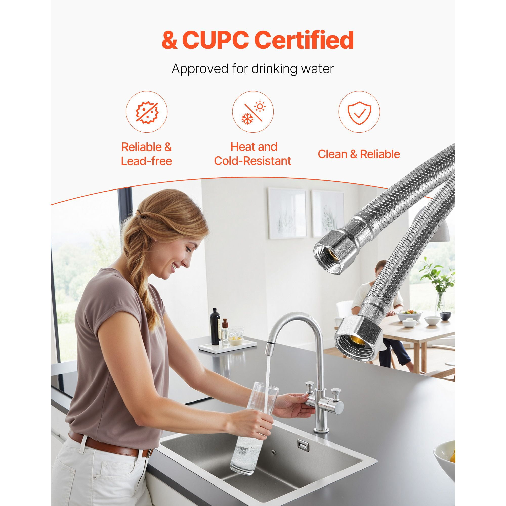 2-Pack 24 Inch Faucet Supply Lines, 3/8" Comp Inlet 1/2" FIP Outlet, TPV Inner 304 Stainless Steel Outer CUPC Certified for Bathroom Kitchen Sink