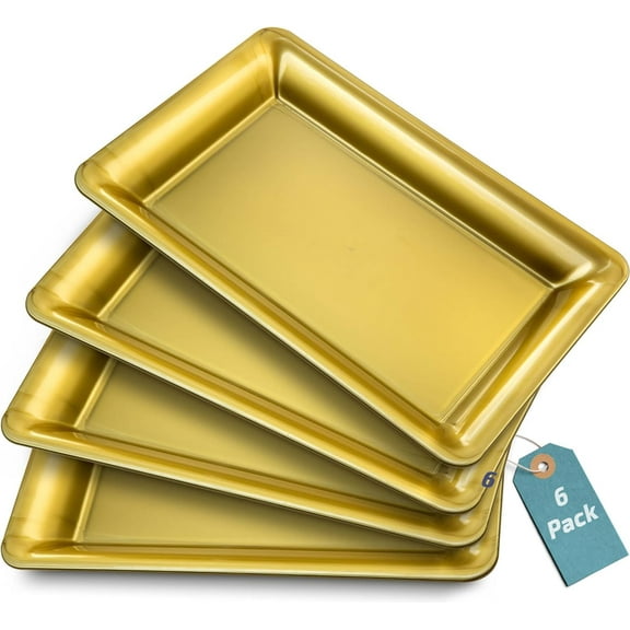 Yumchikel Plastic Serving Tray Set, Hard Plastic Serving Platters for Serving Food, Disposable Gold Serving Trays for Parties, Weddings, Food Trays for Party Buffet, Dessert Tables, 10" x 14", 6 Pack