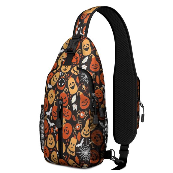 Sling Backpack,Halloween Pumpkins Bats and Spider Webs Crossbody Bag with Water Bottle Holder,Waterproof Sling Bag for Men/Women with Chest Phone Holder for Hiking,Travel